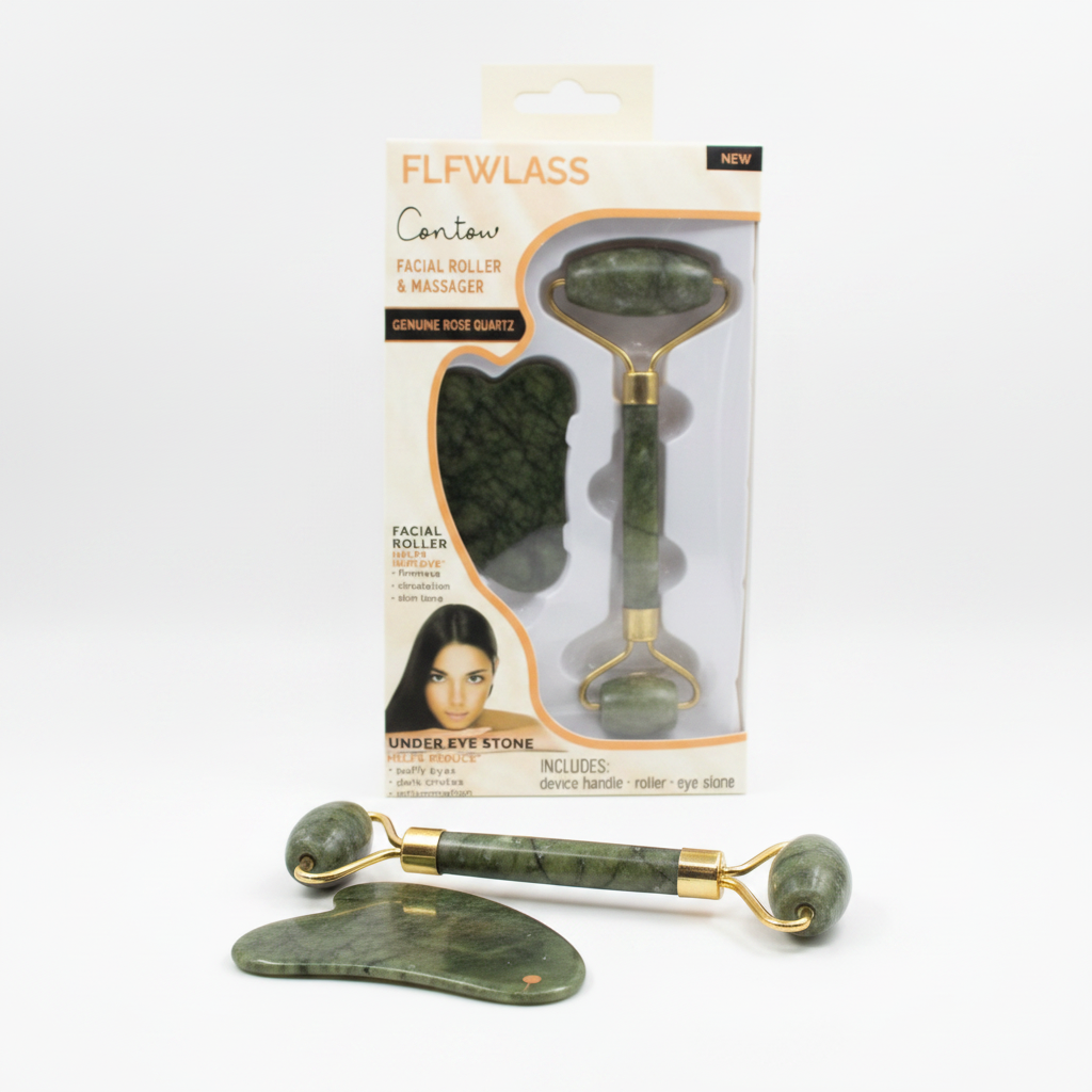Flfwlass Contow Facial Roller Green Quartz dhe Gua Sha