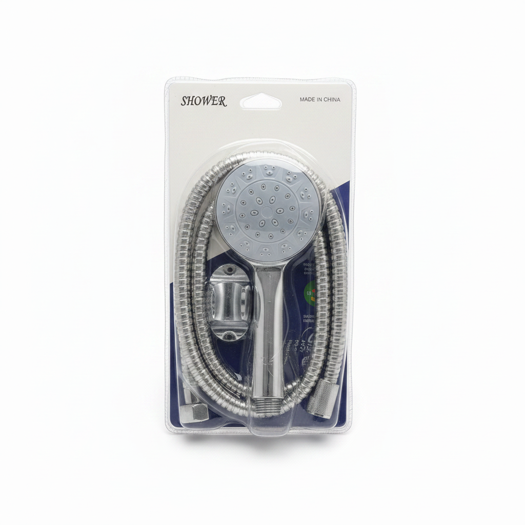 Full Chrome Shower - Shower Head + Steel Hose + Wall Mount