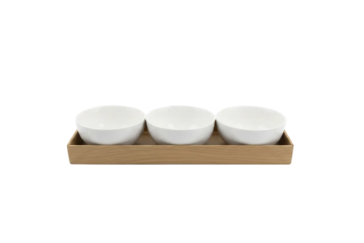 Set 3 Tas Qeramike të Bardhë në Tabaka Druri