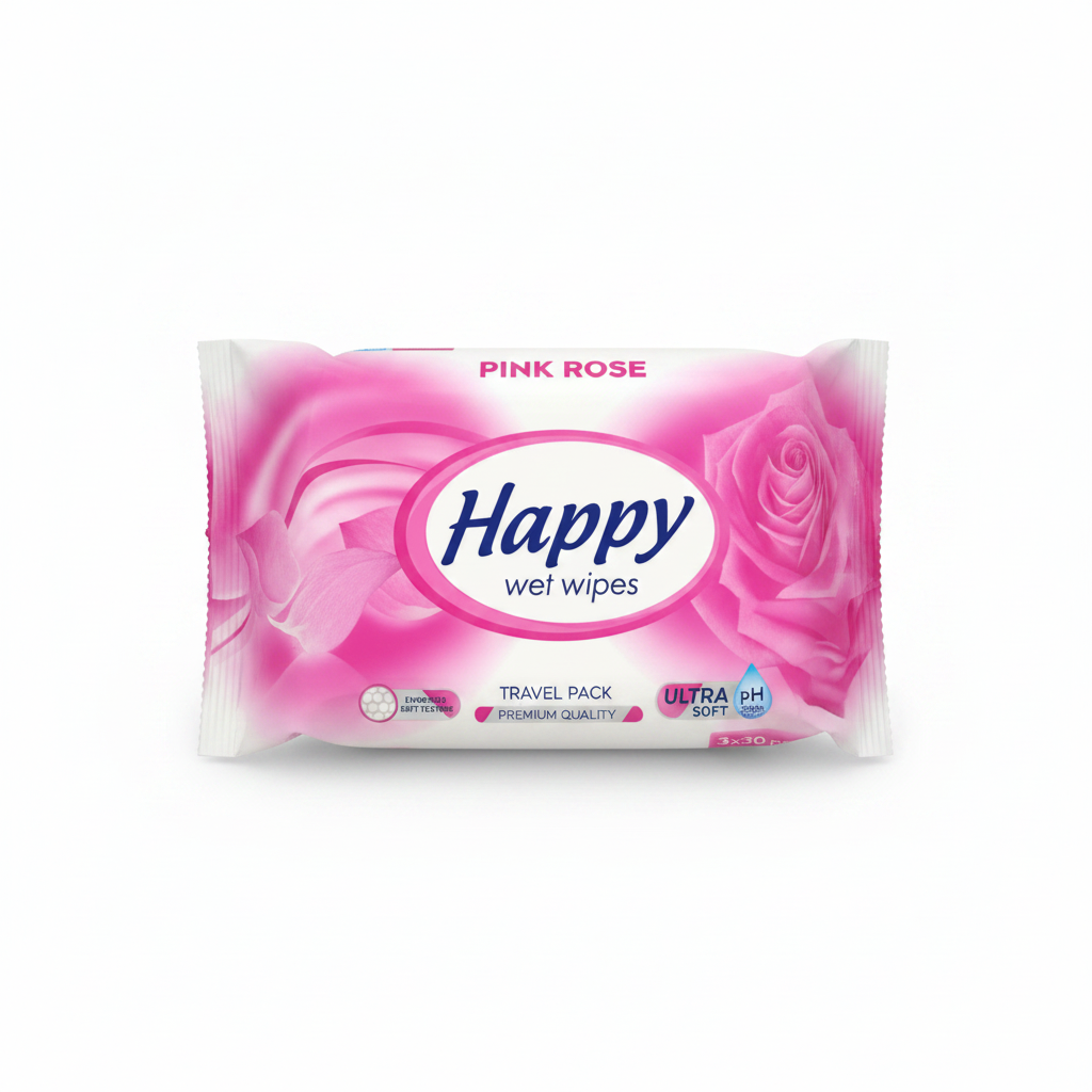 Happy Wet Wipes Travel Pack 3x30 Pink Rose