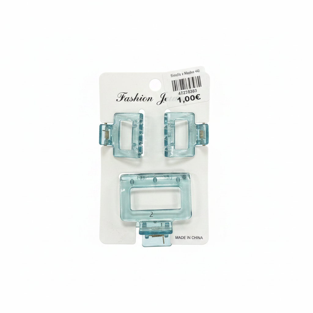Set 3 Kapëse Flokësh Katrore Aqua Transparente