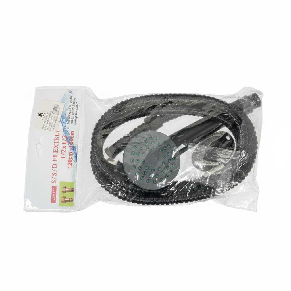 Dush i kompletuar i zi 150cm - Set dushi me zorrë fleksibël S/S/D 1/2x1/2 me dado metalike të brendshme dhe banjo