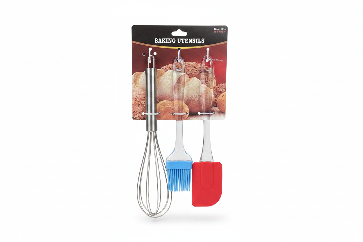 Set Vegla Pjekjeje 3 copë – Trazues Çeliku, Furçë & Spatulë Silikoni