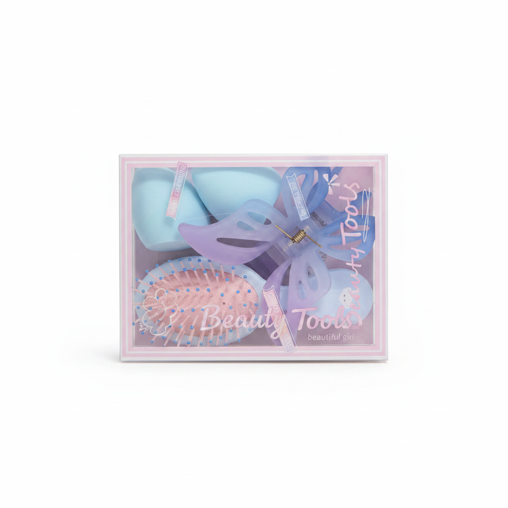 Set Beauty Tools - Krehër Rozë, Flutur Vjollëz dhe Sfungjer Blu