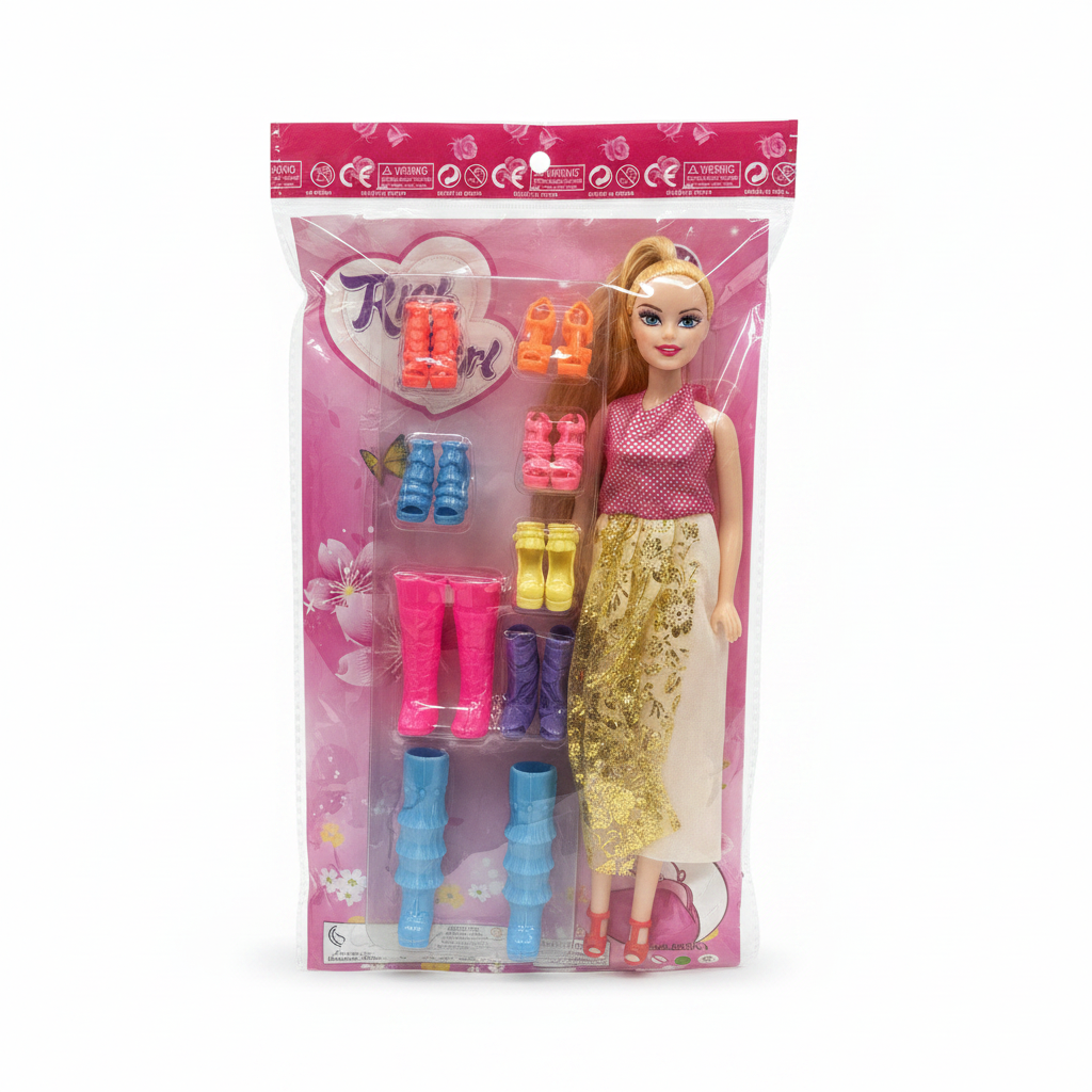 Rich Girl Kukullë Lodër me 5 Palë Këpucë - Flokë Blonde 3+
