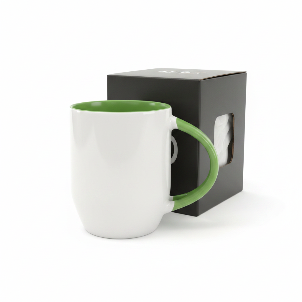 White Ceramic Mug with Green Handle