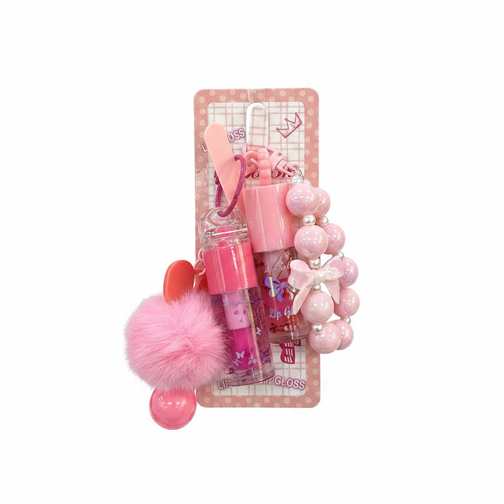 Set Lip Gloss Rozë me Pompom Rruaza dhe Gozhdimë
