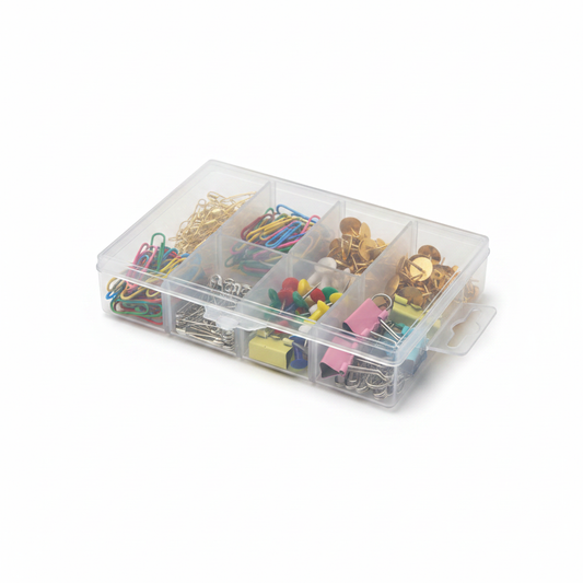 Set Kancelarie 6 në 1 - Kapëse Letre, Thumbtacks, Binder Clips & Gjilpëra