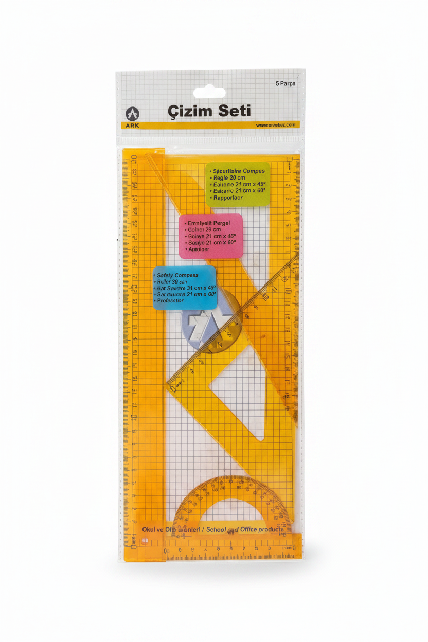 Set Vizatimi 5 Cope - Kompas + Vizore 30cm + Trekëndësha + Raportator