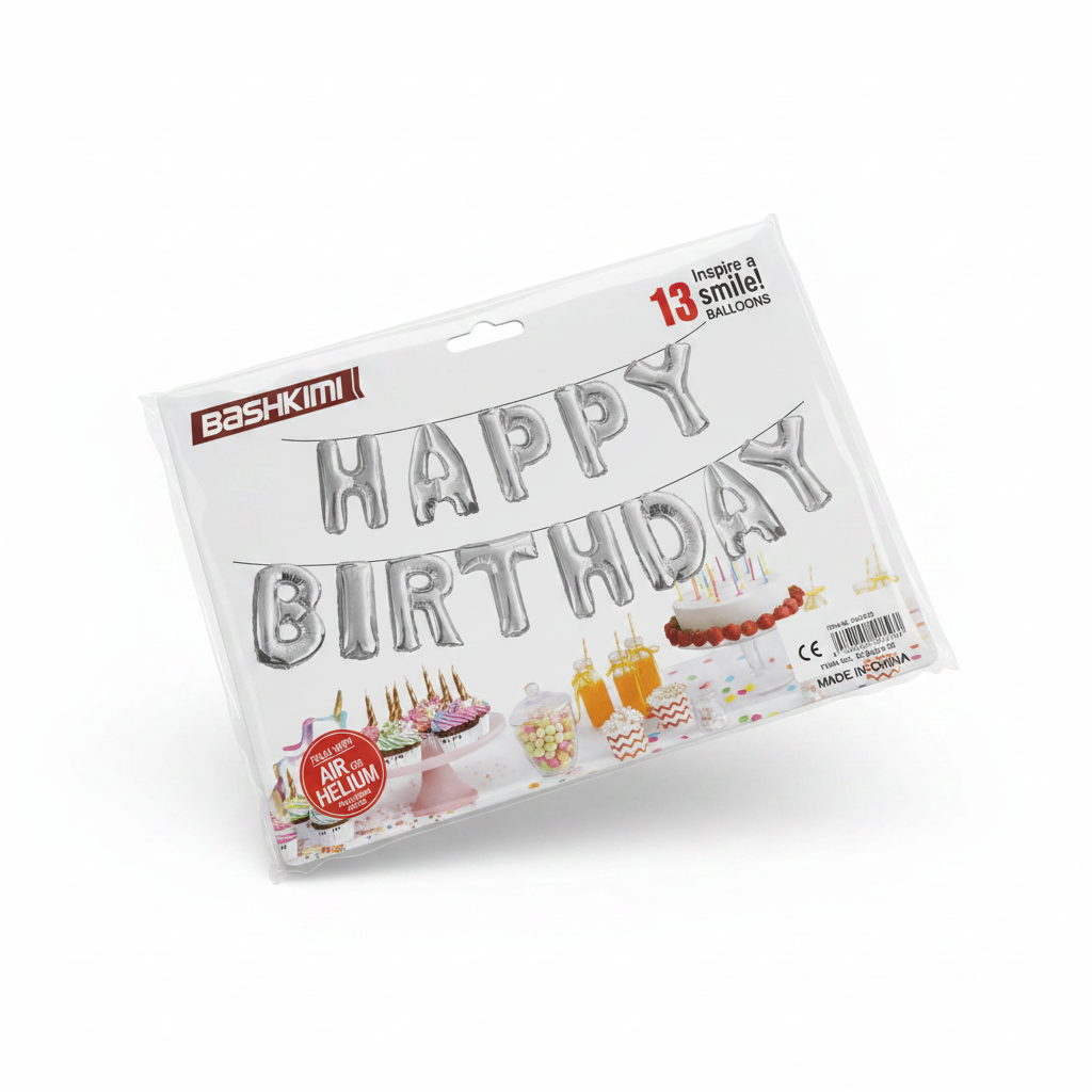 Balona Shkronja Happy Birthday Argjend 13 cope