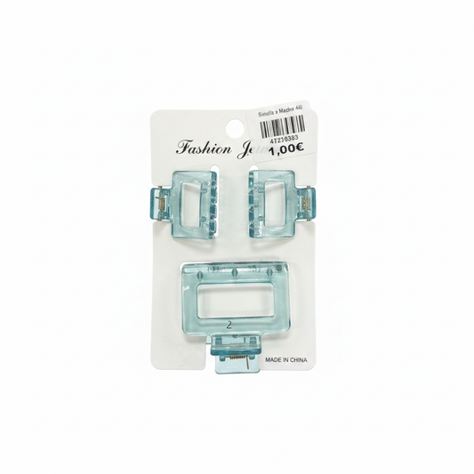 Set 3 Kapëse Flokësh Katrore Aqua Transparente