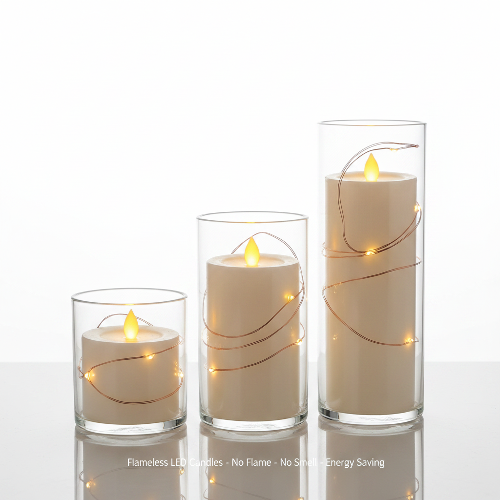 LED Plastic Candle with Fairy Lights in Glass