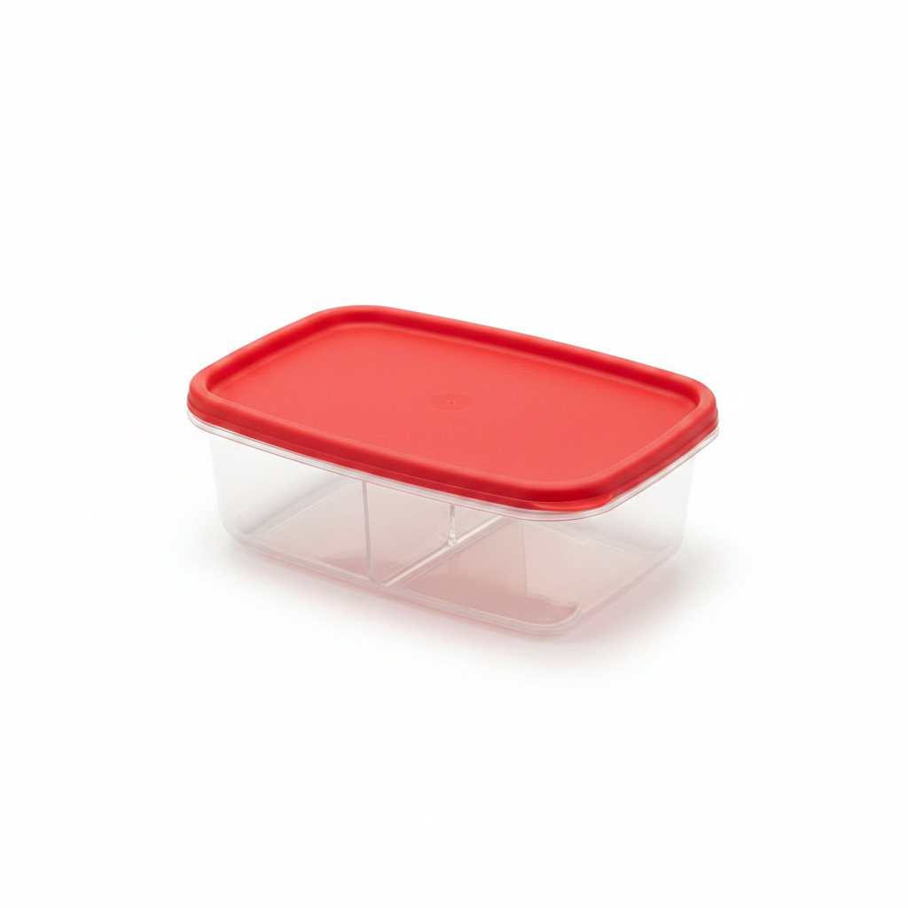 Refrigerator Plastic Container with Red Lid - Divided Fridge Storage