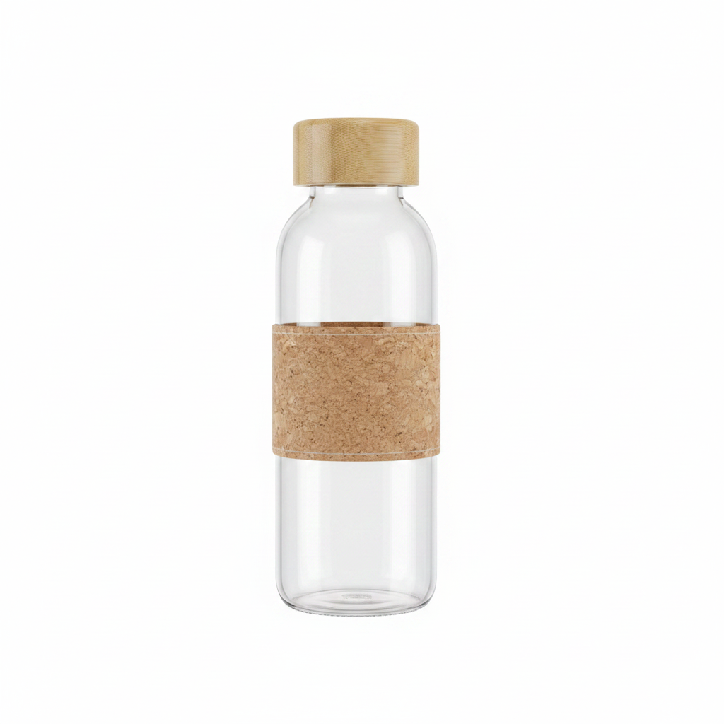 Glass bottle with wooden lid and cork stopper