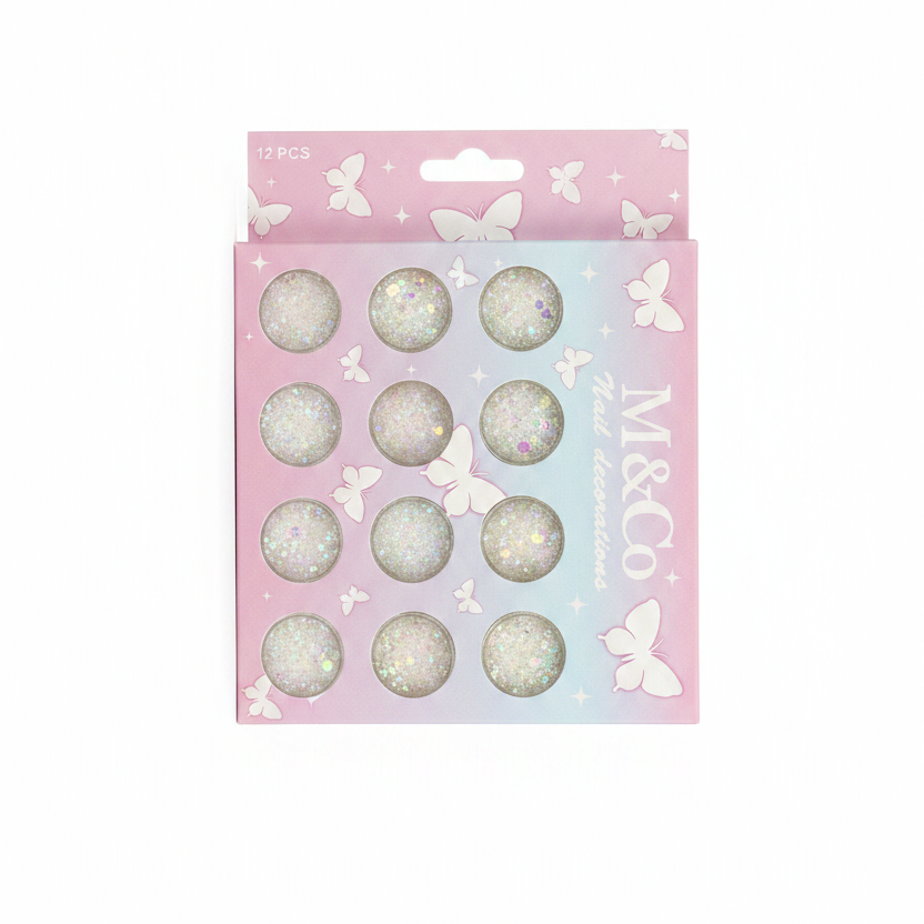 Dekorime Thonjsh Nail Decorations 12 PCS — White Glitter